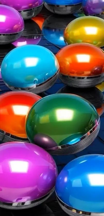 Colorful spherical elements reflecting light on a glossy surface.