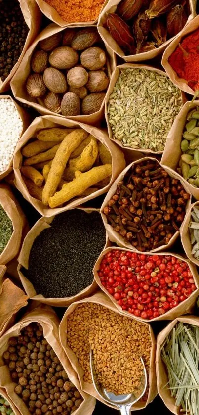 Colorful assortment of spices in bags for mobile wallpaper.