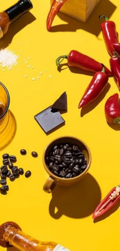 Colorful array of spices on yellow background.