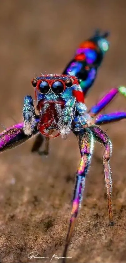 Close-up of a colorful jumping spider on a mobile wallpaper.