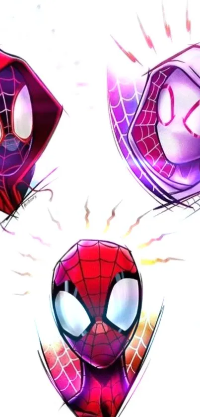 Colorful superhero-themed mobile wallpaper featuring three spider heroes.