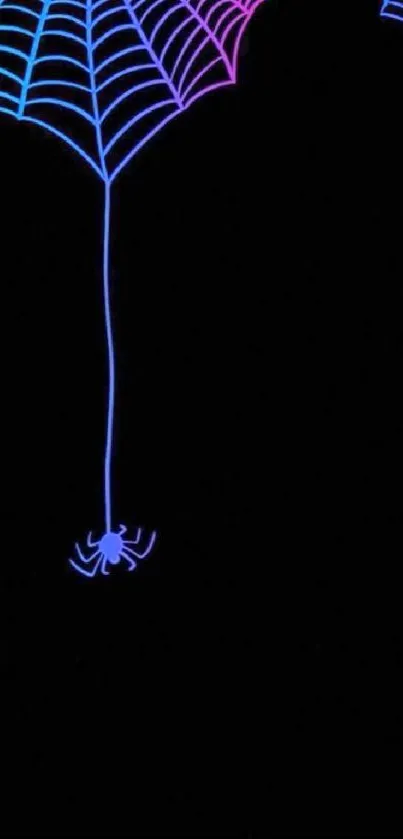 Neon spider web on a dark background with glowing colors.