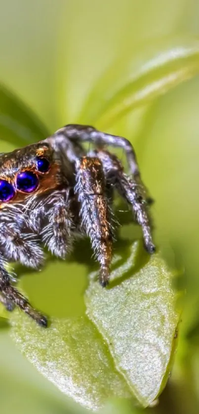 Colorful spider on a green leaf, closeup macro shot.