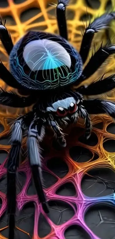 A vibrant and colorful artistic spider on a web.