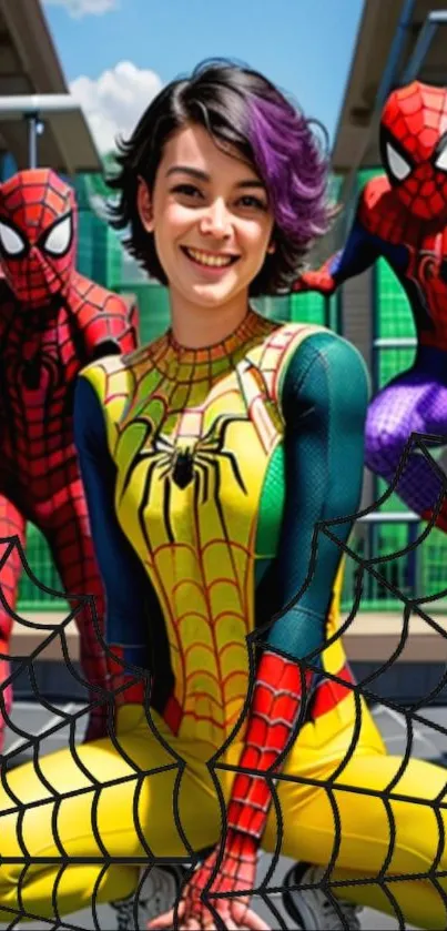 Vibrant superhero wallpaper with colorful spider-themed costumes for mobile.