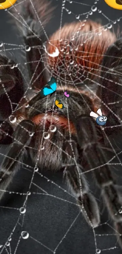 Colorful spider on web with digital accents.