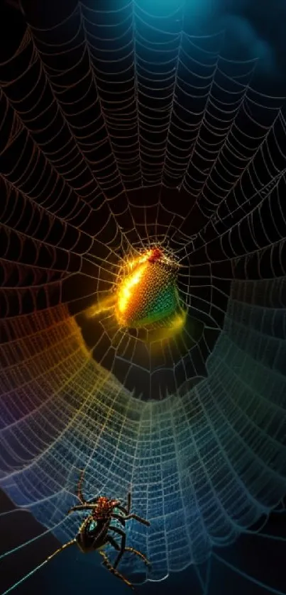 Colorful spider web with vibrant spectrum on mobile wallpaper.