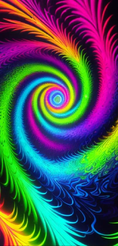 Vibrant abstract spiral wallpaper with neon colors against a dark background.