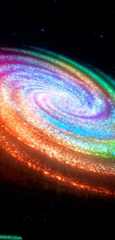 Colorful spiral galaxy with vibrant rainbow shades in a cosmic scene.