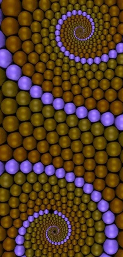 3D spiral pattern with purple and brown spheres on a mobile wallpaper.