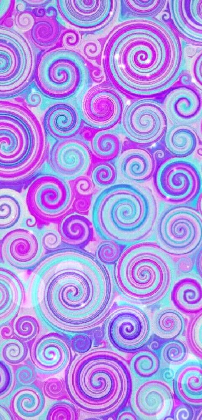 Vibrant mobile wallpaper with colorful spirals in purple, pink, and blue hues.