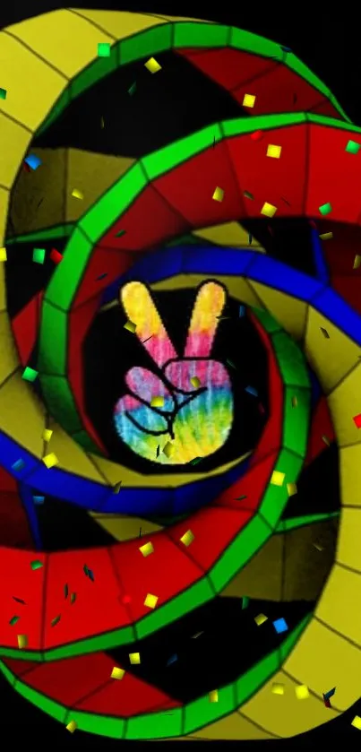 Colorful spiral with peace sign and vibrant confetti.