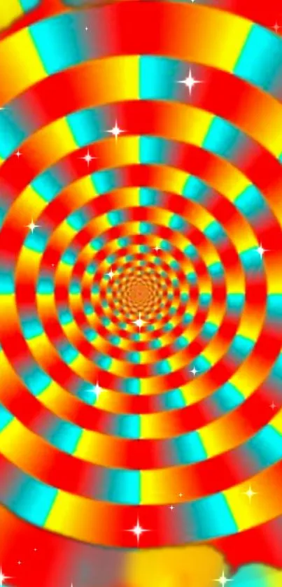 Colorful spiral pattern with red, yellow, and blue hues for phone wallpaper.
