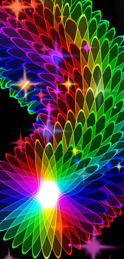 Vibrant rainbow spiral wallpaper with luminous starry effects.