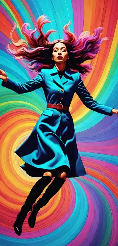 Woman floating in colorful, surreal art design wallpaper.