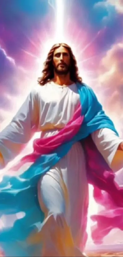 Spiritual figure in colorful sky wallpaper with radiant hues.