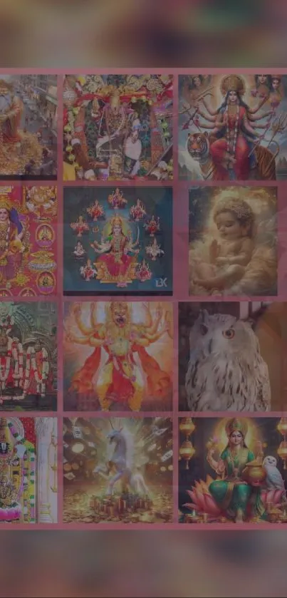 Colorful spiritual collage wallpaper with deities and symbols.