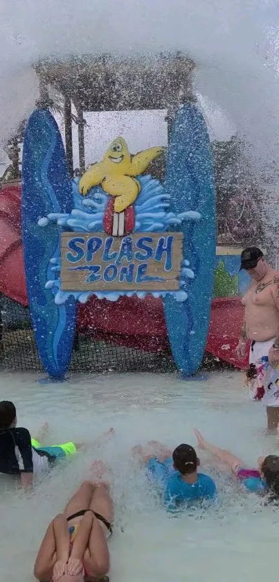 Colorful Splash Zone with water fun and kids playing.