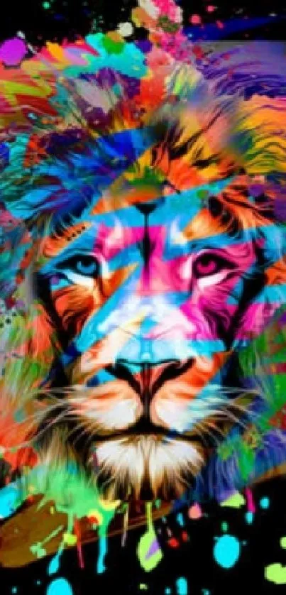 Colorful splatter paint lion wallpaper on black background.