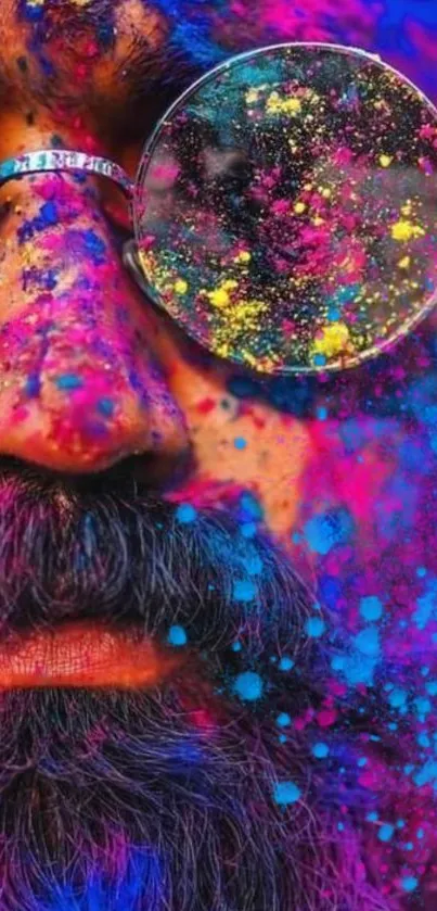 Colorful splattered art on bearded man's face wallpaper.