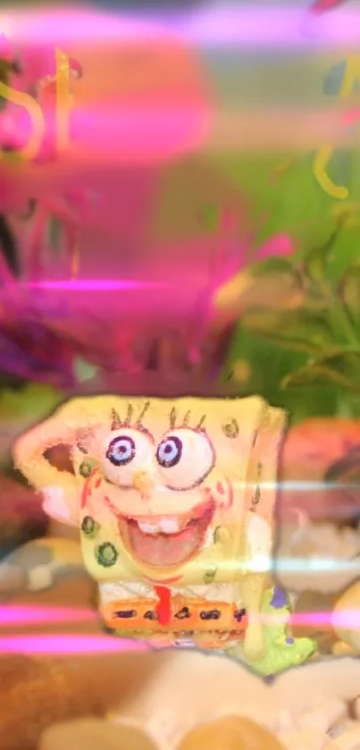 Cartoon sponge in colorful aquatic garden wallpaper.