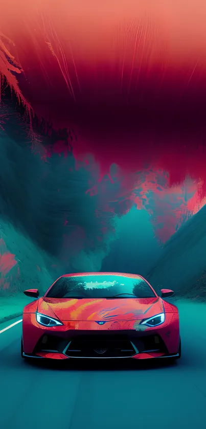 Vivid sports car on a scenic, colorful road.