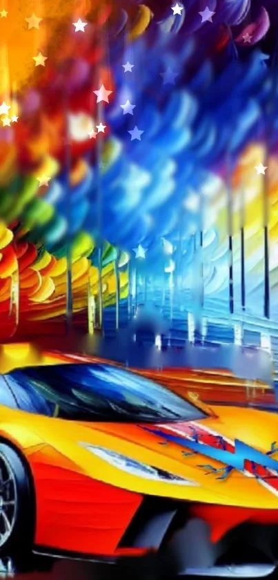 Vibrant abstract wallpaper featuring a sports car with colorful rainbow background.