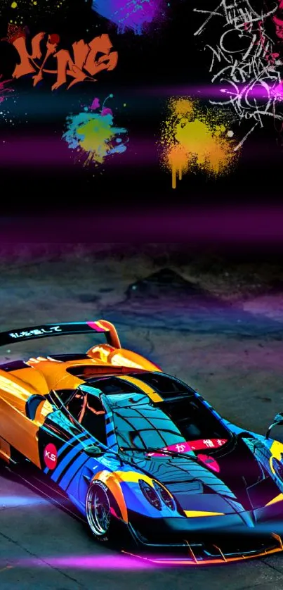 Colorful sports car with graffiti art background.