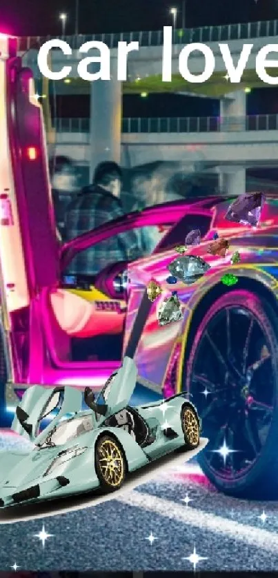 Colorful neon sports car with holographic details.