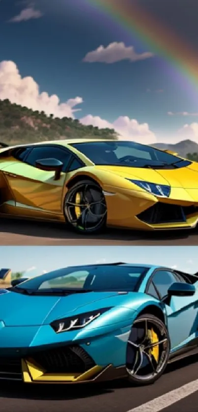 Vibrant sports cars with rainbow, yellow and blue hues.