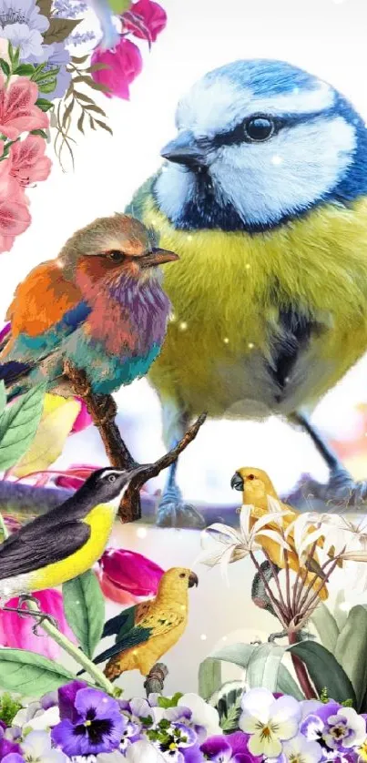 Colorful birds and flowers in a vibrant springtime scene.