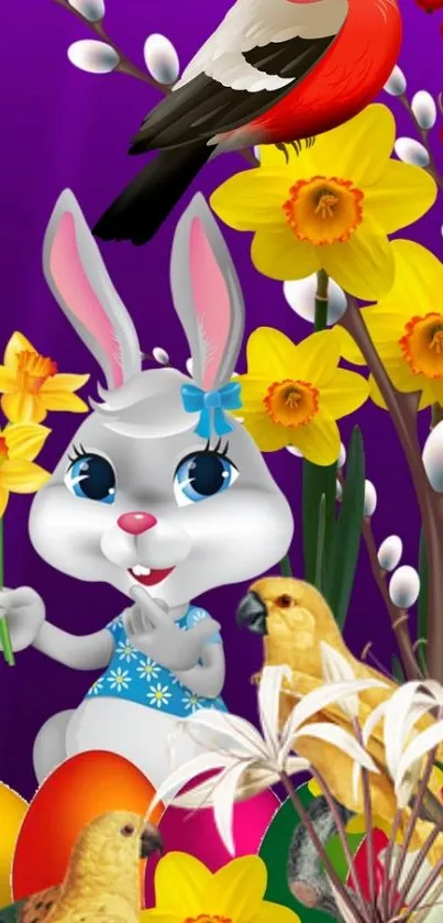 Cute bunny and birds with flowers on purple background wallpaper.