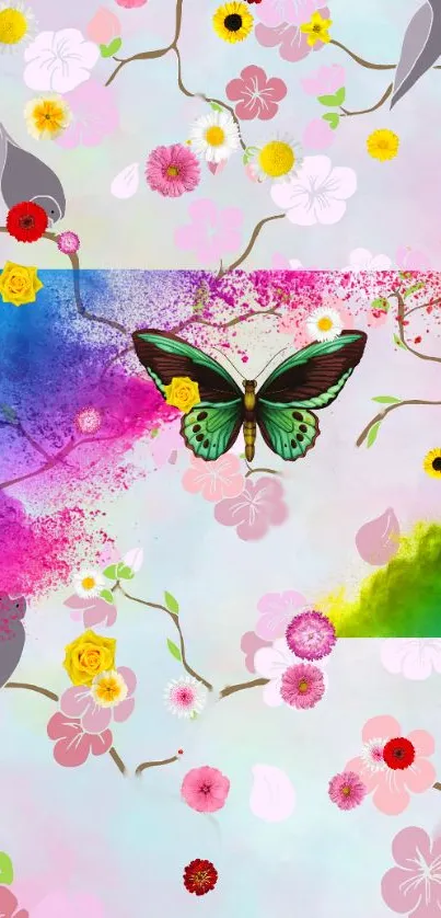 Vibrant butterfly and floral spring wallpaper with colorful background.