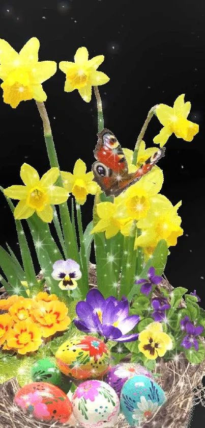 Vibrant spring display with flowers and Easter eggs.