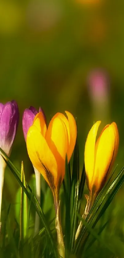 Colorful spring flowers in green grass mobile wallpaper