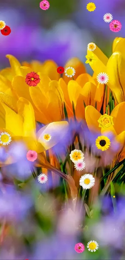 Vibrant yellow flowers in a colorful spring field with a purple background.