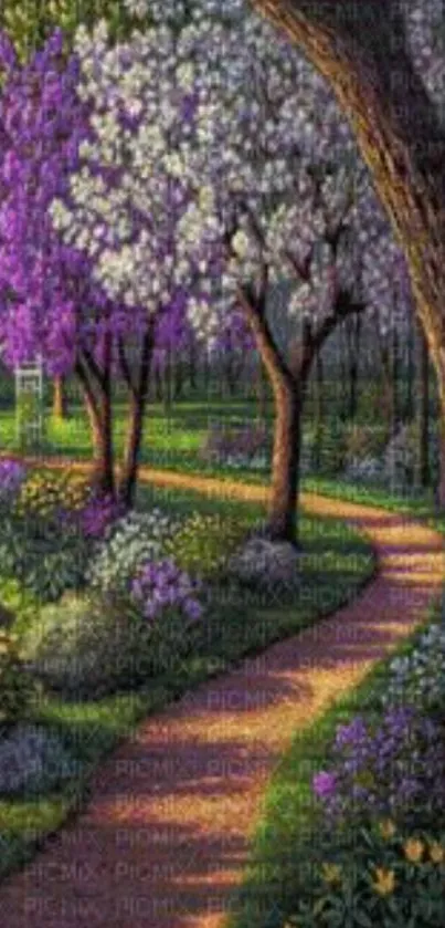 Beautiful spring garden with purple and white blossoms adorning a winding path.