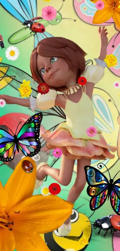 Whimsical fairy surrounded by vibrant butterflies and flowers.