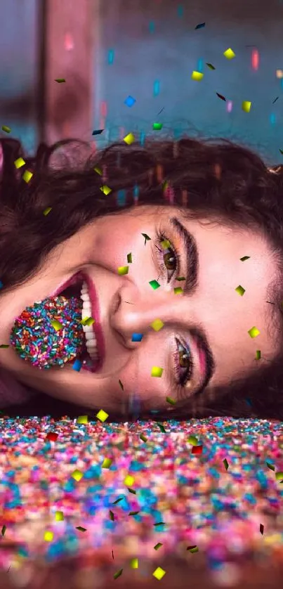 Joyful woman with colorful sprinkles in a vibrant mobile wallpaper.