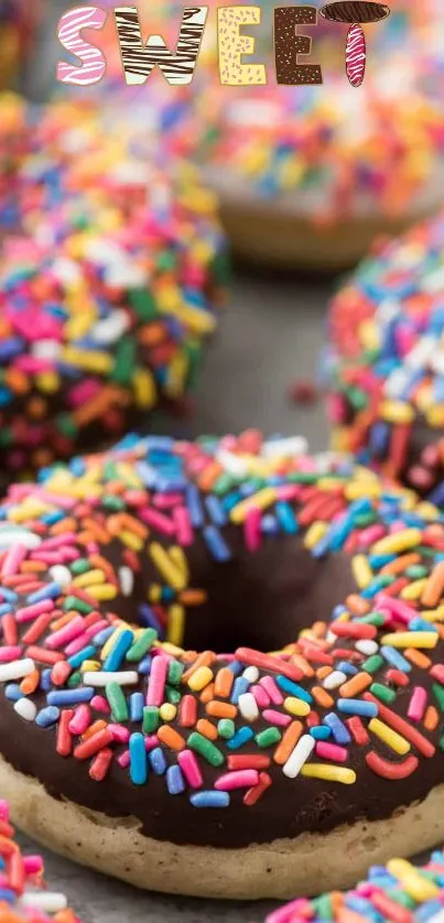 Chocolate donut with colorful sprinkles, sweet wallpaper.