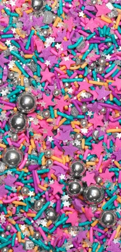 Colorful sprinkle mobile wallpaper with pink, teal, and silver accents.