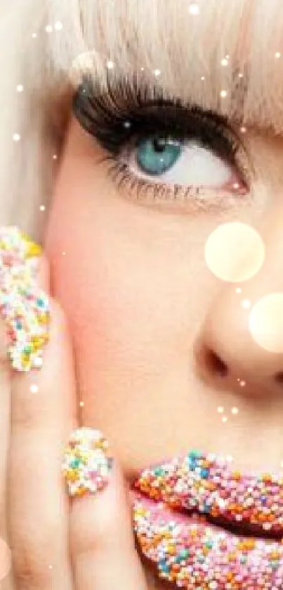 Colorful sprinkle makeup and nails portrait wallpaper.