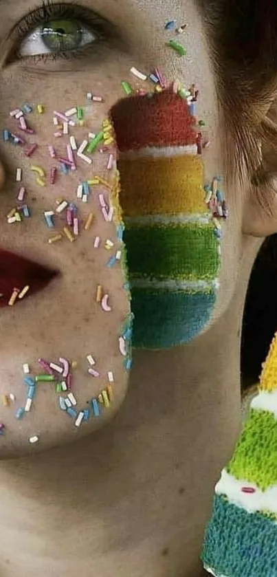 Mobile wallpaper featuring colorful sprinkles and creative face design.