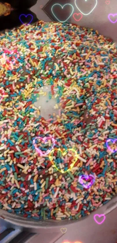 A colorful donut with sprinkles, accented by heart shapes.