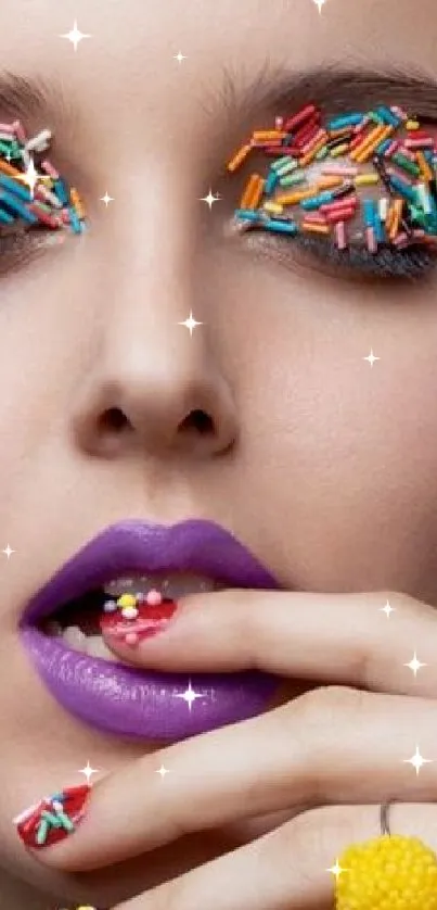 Artistic face with colorful sprinkle makeup and vibrant purple lips.