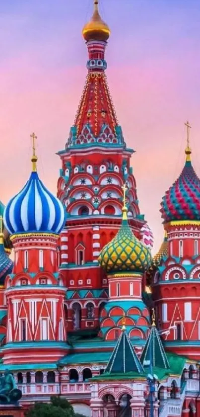 St. Basil's Cathedral with colorful domes at sunset.