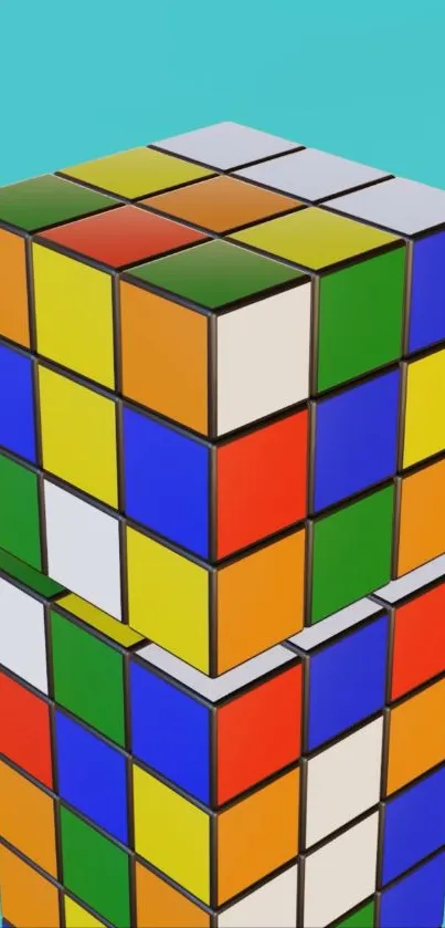 Colorful stacked cubes against sky blue background.