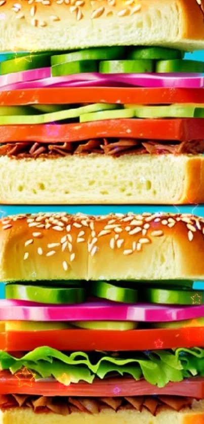 Vibrant sandwich art with colorful layers and bright cyan background.