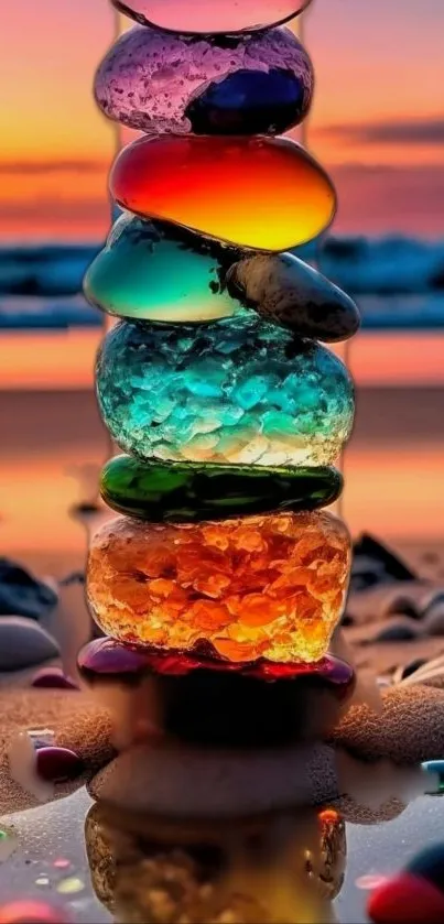 Stacked colorful stones on a tranquil beach at sunset, vibrant and serene.