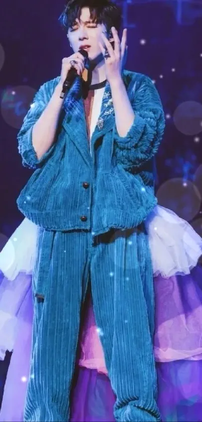 Vibrant performer on stage with colorful outfit and dynamic lighting.